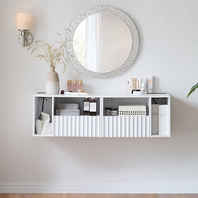 Modern Matte White Fluted Floating Nightstand with Charging Station, NightStand with Drawers, Bedside with USB Ports and Outlets, Bedroom Furniture(Left)
