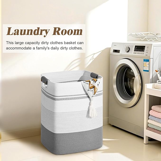 Laundry Hamper, 85L Tall Laundry Basket with Leather Handles, Rectangle Large Clothes Hamper for Organizing, Cotton Woven Laundry Baskets Storage Hampers for Bedroom, Nursery, Living Room