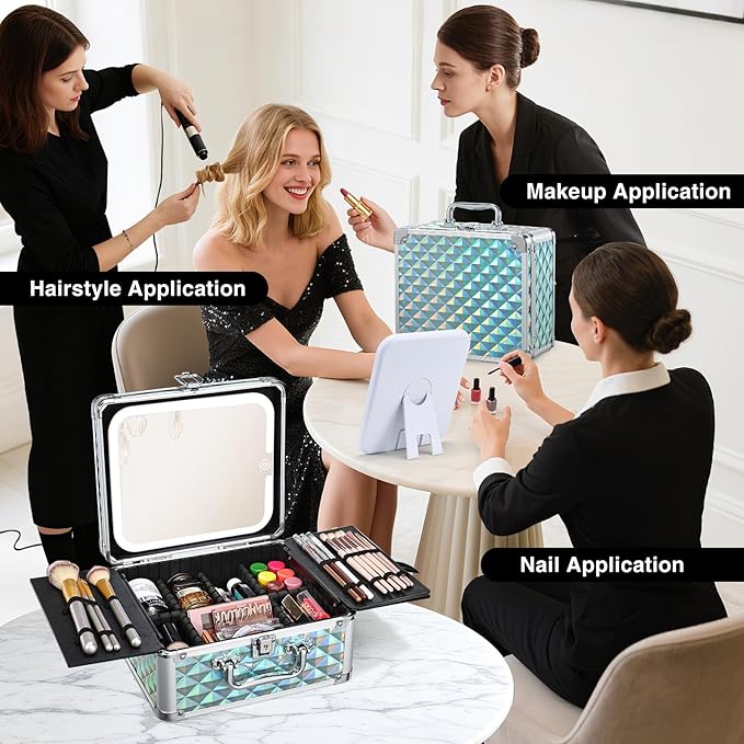 Makeup Case with Magnetic LED Mirror Travel Cosmetic Organizer Portable Makeup Box with Lighted Up Mirror Make Up Vanity Nail Box Lipstick Artist Storage with Lockable Dividers Brush Holder Shiny Blue