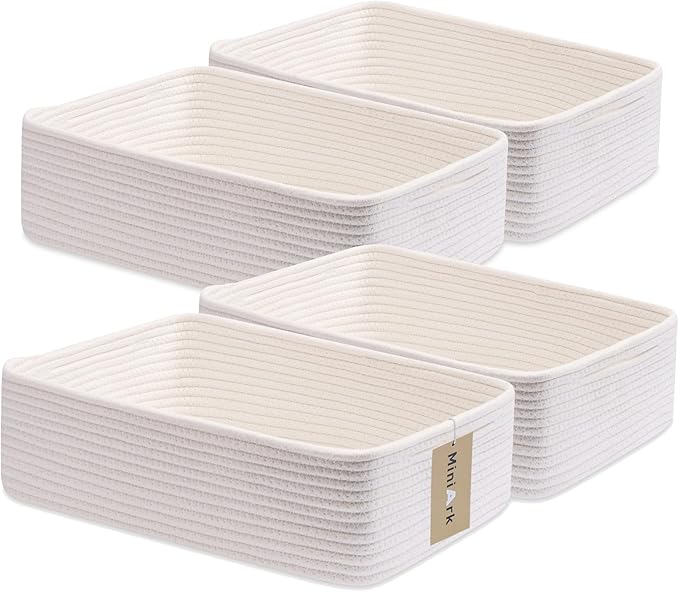 Large Shallow Organizing Baskets 15x11x5.1 Inches - Rope Woven Storage Bins for Bathroom, Shelves, Cube Closet, Off White 4 Packs