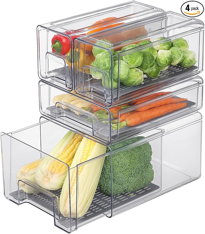 Plastic Clear Fridge Storage Organizer with Drawers & Drainer - Stackable Bins for Kitchen Fruit & Veggie Organization (Complete Set)