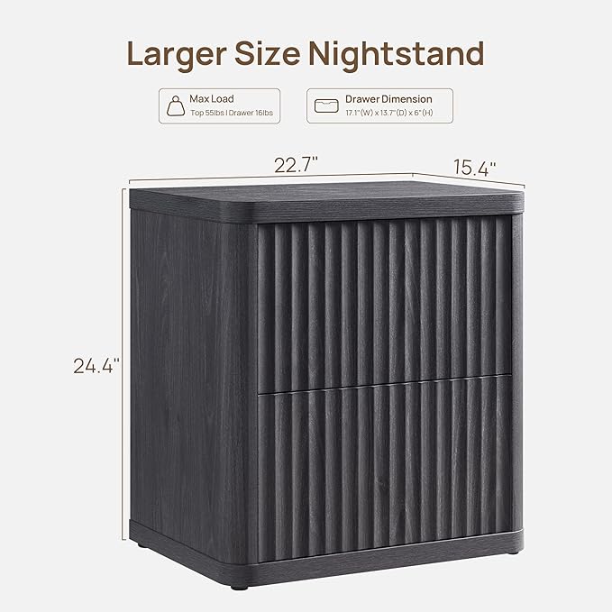 SICOTAS Night Stand Set of 2 Nightstands with 2 Drawers Storage Bedside Table Large Fluted Bed Side End Table Modern 24.4" Tall Wide Night Stands for Bedroom Living Room Sofa Couch Office