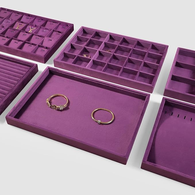 Velvet Stackable Jewelry Display Flat Tray For Ring Earring Necklace Bracelet, Bangle Pendant Storage Blank Plate, Shop Countertop Jewelry Dish Organizer (Purple)