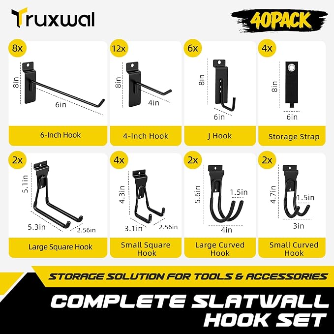 40 Pcs Slatwall Hooks & Hangers – Heavy-Duty Metal Slatwall Accessories Kit for Garage, Workshop & Shed Organization of Tools, Ladders, and Garden Equipment