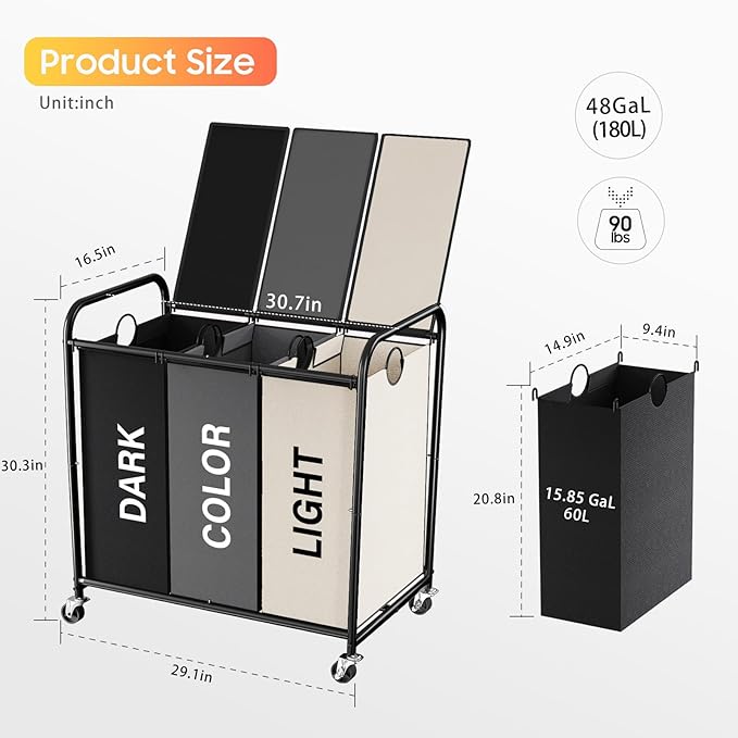 180L (47.55 Gal) Laundry Sorter 3 Section, Rolling Laundry Basket with Lockable Wheels and Lid, Laundry Hamper with 3 Separated Removable Bags Dirty Clothes Hamper for Laundry Room, Multicolored