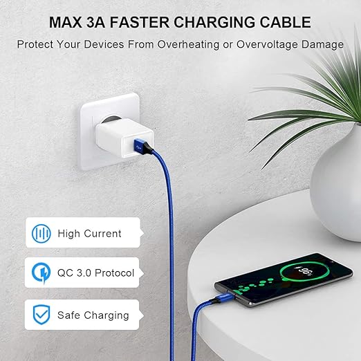 etguuds USB A to USB C Cable 5-Pack (3/3/6/6/10 ft), Fast Charging Type C Charger Cord for iPhone 17 16 15 Pro Max Plus Air, Samsung Galaxy S25 S24 S23 S22 S21 S20 A56 A17 A16, Pixel, Moto G, Blue