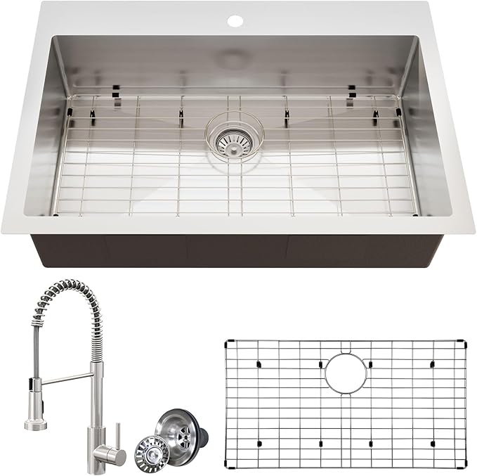 33 x 22 Drop-In/Undermount Kitchen Sink, TECASA Single Bowl Kitchen Sink with Pull Down Faucet, 18-Gauge T-304 Stainless Steel Basin with Accessories