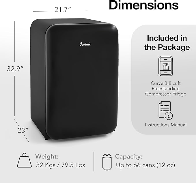Cooluli Curve 3.8 cu ft Mini Fridge with Freezer - Small Refrigerator for Bedroom, Office, Dorm Room (Black, 3.2 cu.ft Refrigerator, 0.6 Freezer)