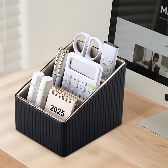 KINGFOM 3 Slot PU Leather Remote Controller Holder, Home Sundries Storage Box, TV Guide/Mail/CD Organizer/Caddy/Holder with Free Cable Desk Organizer (Black Striped)