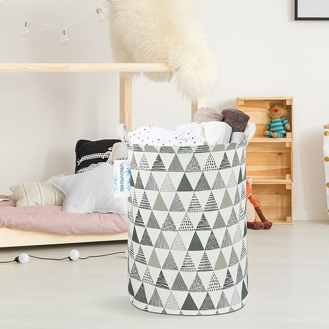 LANGYASHAN Laundry Basket Canvas Fabric Collapsible Organizer Basket for Storage Bin Toy Bins Gift Baskets Bedroom Clothes Children Nursery Hamper (Grey triangle)