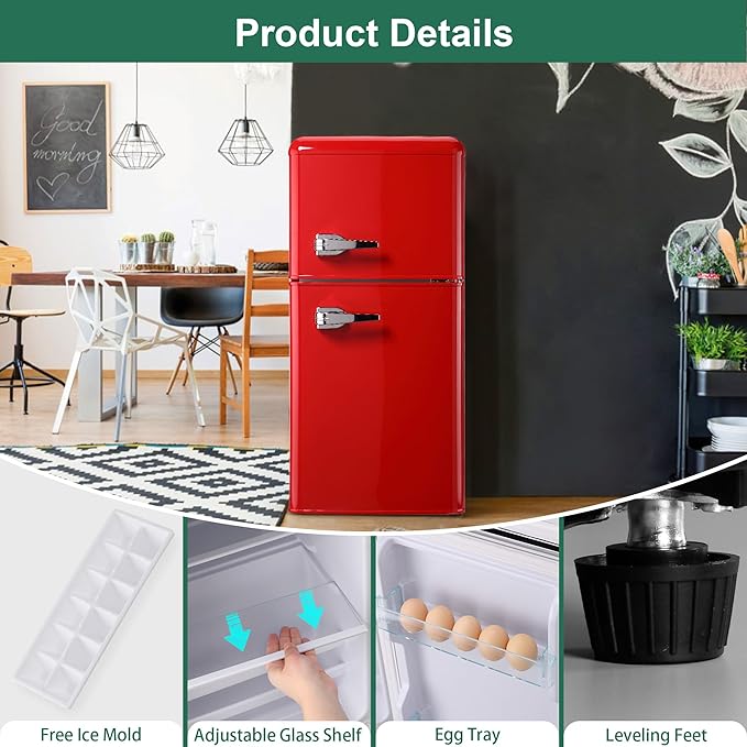 Retro Mini Fridge, 3.2 Cu. Ft. Small Refrigerator with Freezer Retro Style with 7-Level Adjustable Thermostat, Compact Vintage 2-Door Fridge for Apartments, Dorm, Office, Red