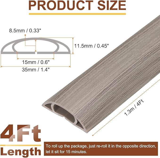 HARFINGTON 4ft Cord Cover Floor W0.6 x H0.33 Inner Channel PVC Hide Extension Cable Floor Wire Hider Wire Covers Protector for Prevent Cable Trips Cables Management, Light Grey
