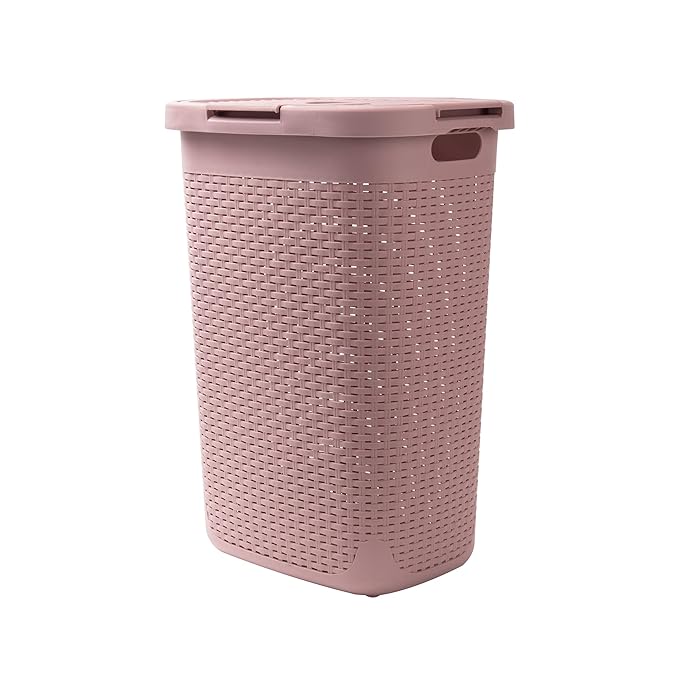 Mind Reader Slim Laundry Hamper with Lid, 60L Clothes Basket, Premium Wicker Design, Plastic, Pink