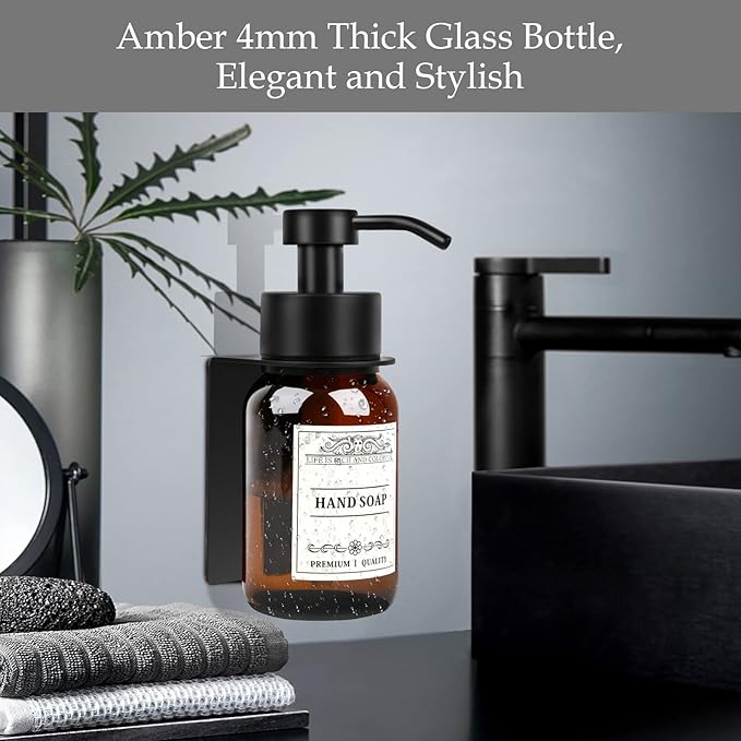 Glass Soap Dispenser with Pump and Wall Mount Holder,8.5 Oz Shampoo and Conditioner Dispenser with Waterproof Labels(Brown)