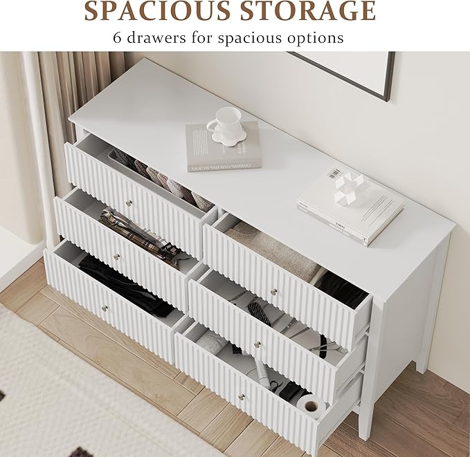 RoyalCraft White 6 Drawer Dresser for Bedroom, Fluted Painted Wood Chest of Drawers, Modern TV Stand Storage Cabinet for Living Room, Entryway, 47" W x 16" D x 32" H