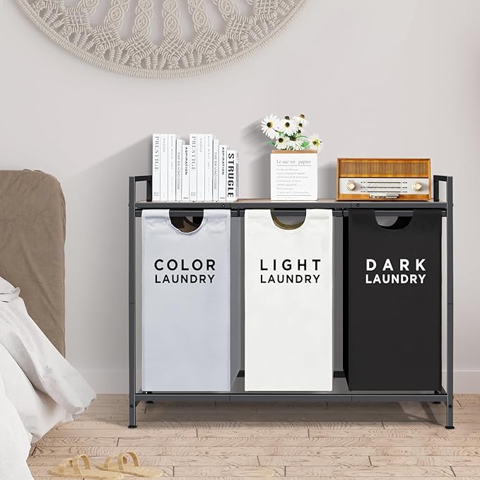 Ollieroo Laundry Hamper,Rolling Laundry Sorter 3 Section,Large Capacity Laundry Basket with Shelf,Laundry Room Organization with 3 Pull-Out and Removable Bags for Bathroom, Laundry Room,Mixed Color