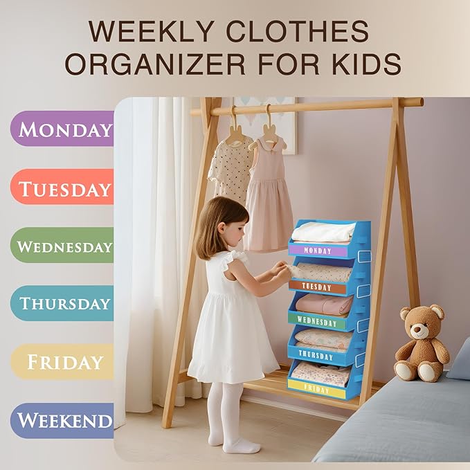 Closet Organizers and Storage - 5 Tier Shelf Organizer with Weekly Labels, Stackable Storage Bins with Metal Frame, Foldable Cube Bins, Home Baskets for Kids and Adults, Blue
