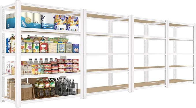 PrimeZone 28" W x 12" D x 59" H Closet Storage Shelves - 5 Tier White Metal Connector Shelving, Adjustable Heavy Duty Garage Shelves, Utility Rack Organizer Shelf for Kitchen Pantry Closet, 4 PCS