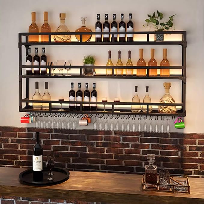 Wall Mounted Wine Rack, Wine Rack Wall Mounted with Wine Glass Rack, Metal Bar Bottle Display Shelf Wine Cups Hanging Holder, for Home Bar Cafe Dining Room Decoration (BLACK, 39.1*10*35.5IN)