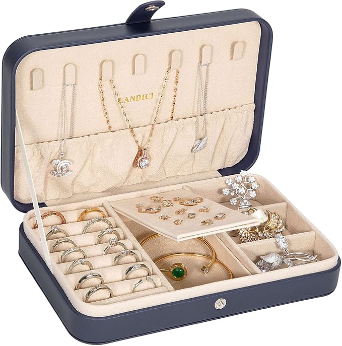 LANDICI Small Jewelry Box for Women Girls, PU Leather Travel Jewelry Case, Portable Jewelry Organizer Storage Holder Display for Ring Earrings Necklace Brooch Men Kids Gift, Dark Blue