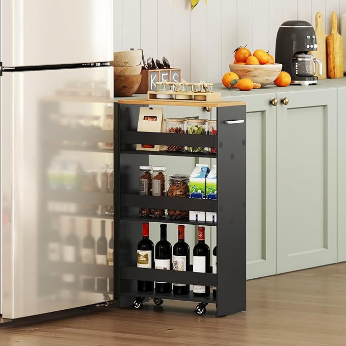 Small Kitchen Cart, 4-Tier Slim Rolling Island w/Handle, Laundry Room Storage Organizers Between Washer and Dryer, Narrow Spice Rack on Wheels Next to Fridge (Black, 8'')