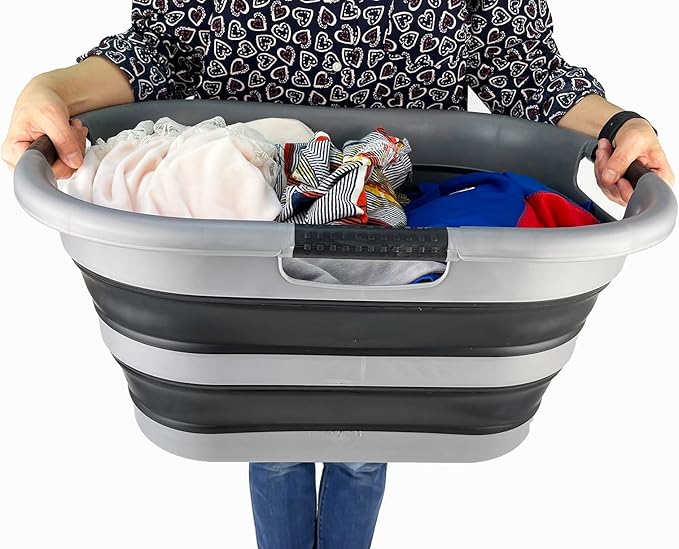 SAMMART 40L (10.5 Gallon) Collapsible Plastic Laundry Basket - Space Saving Storage Container/Organizer - Portable Washing Tub - Foldable Pop Up Hamper/Basket (2, Grey+ Black)