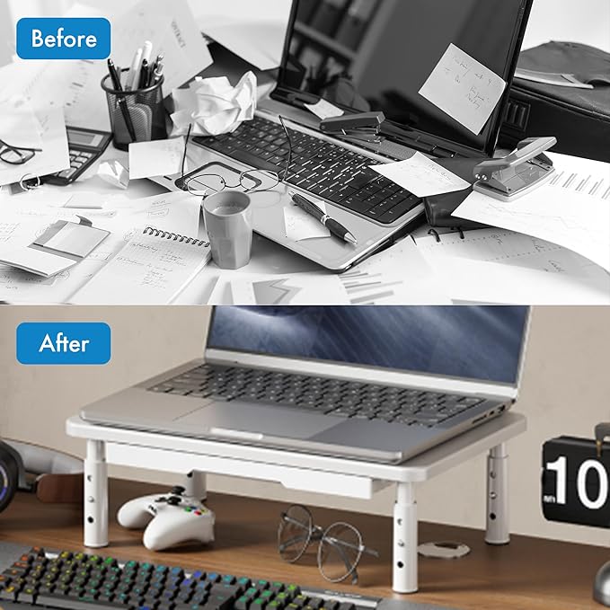 Monitor Stand Riser with Drawer - Adjustable Height (10.5-14.5cm) 3 Gears, Carbon Steel Desk Organizer for Computer/Laptop, Ventilated, Multi-Layer Storage for Office Home (White)