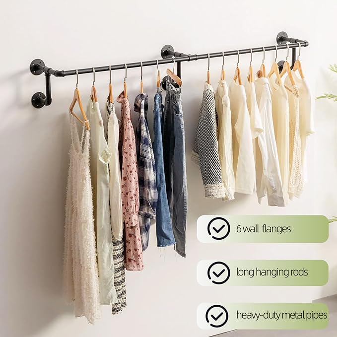 Wall Clothes Rack, Industrial Pipe Clothing Rack for Hanging Clothes, Wall Mounted Heavy Duty Space Saving Garment Racks, Multi-Purpose Clothing Hanging Rods for Closet Storage, Black