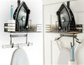 Farmhouse Ironing Board Hanger Wall Mount or Over the Door - Universal Laundry Room Ironing Board Holder Caddy with Iron Holder Shelf-Adjustable Hooks to Hold Ironing Boards Large & Small - Black