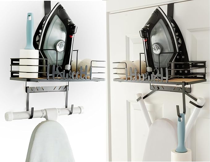 Farmhouse Ironing Board Hanger Wall Mount or Over the Door - Universal Laundry Room Ironing Board Holder Caddy with Iron Holder Shelf-Adjustable Hooks to Hold Ironing Boards Large & Small - Black