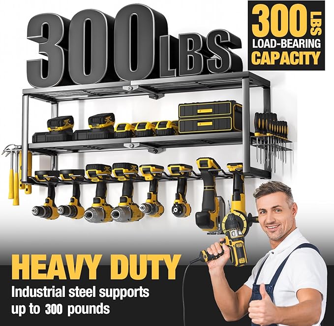 YYR Heavy Duty Power Tool Organizer Wall Mount, Cordless Drill Hanger Storage Rack, Battery Tools Holder with Charging Station Shelf for Garage Organization, Workshop, Pegboard, Shed - 32 Inch 8 Slots