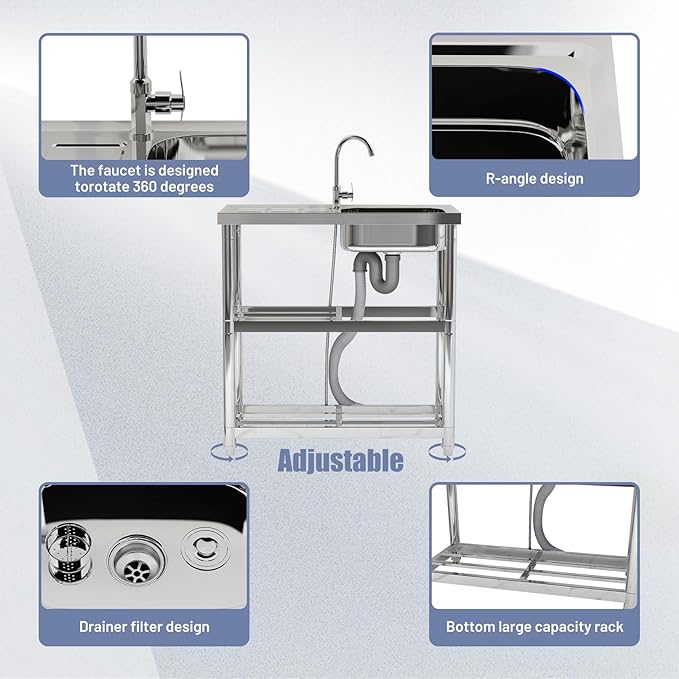 Outdoor Garden Free Standing Utility Stainless Steel Sink, Portable Single Bowl Washing Hand Basin Station Sink, with Drainboard Storage Shelves for Camping, Garage, Restaurant, Kitchen, Bar