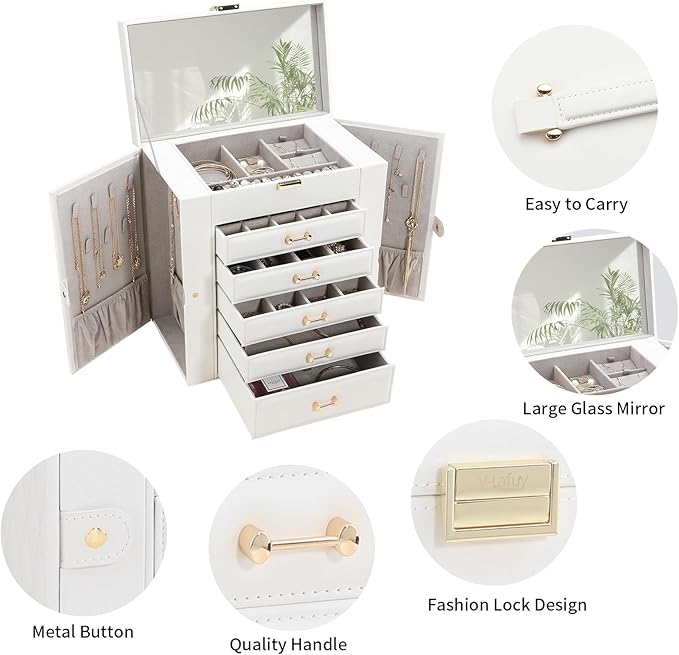 Jewelry Box with Mirror, White - Large Jewelry Organizer and Storage for Women