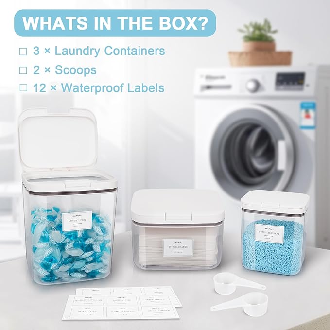 3 Pack Laundry Powder Containers & Dryer Sheet Holder with Lids & Labels - Airtight Laundry Room Organization and Storage Jars for Pods, Scent Beads, Balls, Detergent