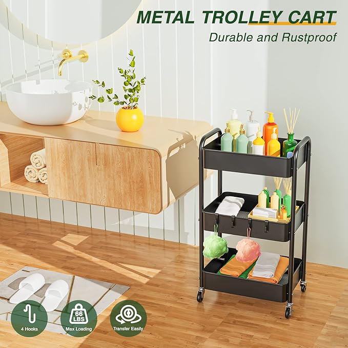 LEHOM 3 Tier Rolling Utility Cart, Metal Trolley Cart with Wheels, Hooks, Easy Assembly Organizer Storage Cart for Bathroom, Kitchen, Office, Bedroom(Black)
