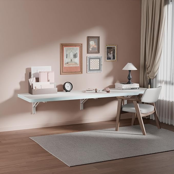 IAE Wall Mounted Folding Table with Pine Wood,55" x 16" Floating Wall Desk,Laundry Folding Table with Shelf Brackets,Fold Down Desk Shelf,Folding Workbench for Home,Dining,Laundry Room,Kitchen,White