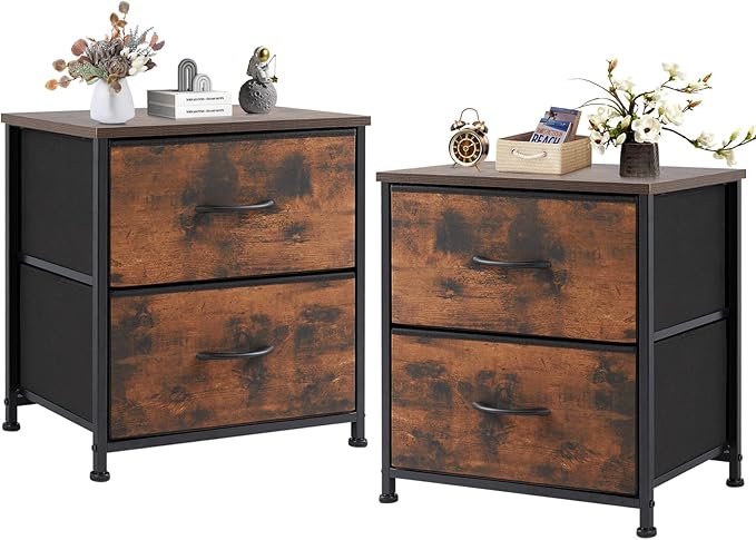 DUMOS Small NightStand Set of 2 Fabric Drawer Dressers Short Bedside Tables for Room Organization Closet College Dorm Entry Storage 20 Inch Height Furniture,Brown