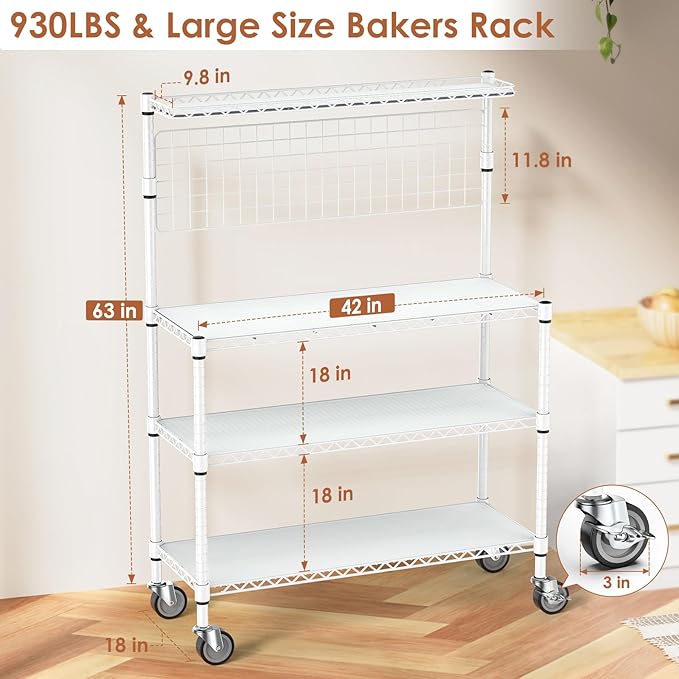 Leteuke Bakers Rack with Storage & Wheels, 42 Inch Microwave Stand Kitchen Shelves, 4-Tier Heavy Duty Microwave Cart Storage Rack with 20 S-Hooks, Metal Utility Kitchen Cart, 42× 18× 63 Inch, White