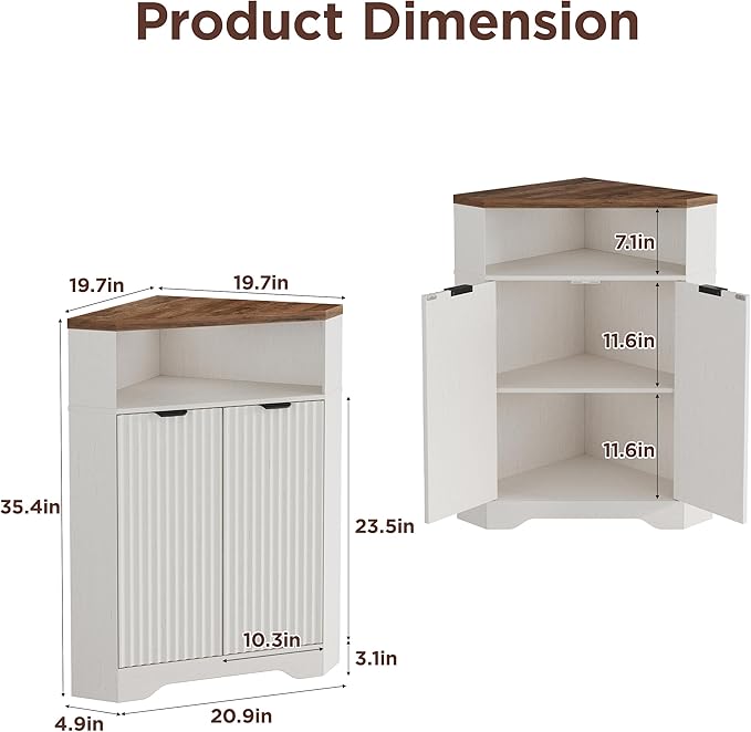 Vabches Corner Cabinet, Corner Bathroom Cabinet with Open Storage, Modern Fluted Storage Cabinet with 2 Doors and Adjustable Shelf, Home Space Saver for Bathroom, Kitchen, Living Room, Pantry, White