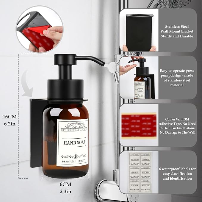 8.5oz Glass Soap Dispenser 2 Pack - Shampoo,Conditioner and Dish Soap Dispenser with Pump,Wall Mount Holder and Waterproof Labels for Kitchen and Bathroom (Brown)