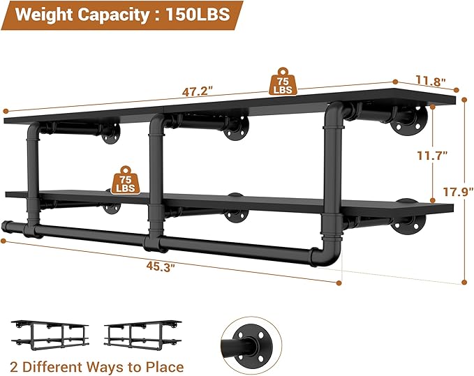 Aheaplus Industrial Pipe Clothes Rack with Top Shelf, 47In Space-Saving Wall Mounted Clothing Rack, 2 Tiers Heavy Duty Pipe Clothing Shelves with Hanging Rod for Laundry Room, Closet Storage, Black