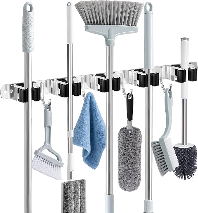 Broom Holder Wall Mount, Broom Organizer Wall Mount Stainless Steel Broom and Mop Hanger Heavy Duty Storage Organization for Home Kitchen Garden Garage Room 5 Racks 4 Hooks