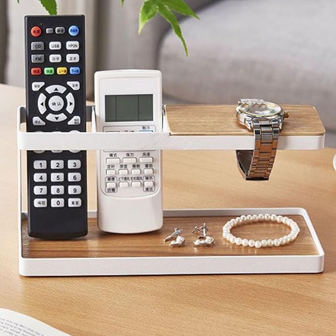 Remote Control Holder TV Remote Holder Remote Control Organizer Stylish Simple Lightweight Iron Art Wood Desk Organizer for Home Office Desk Coffee Table