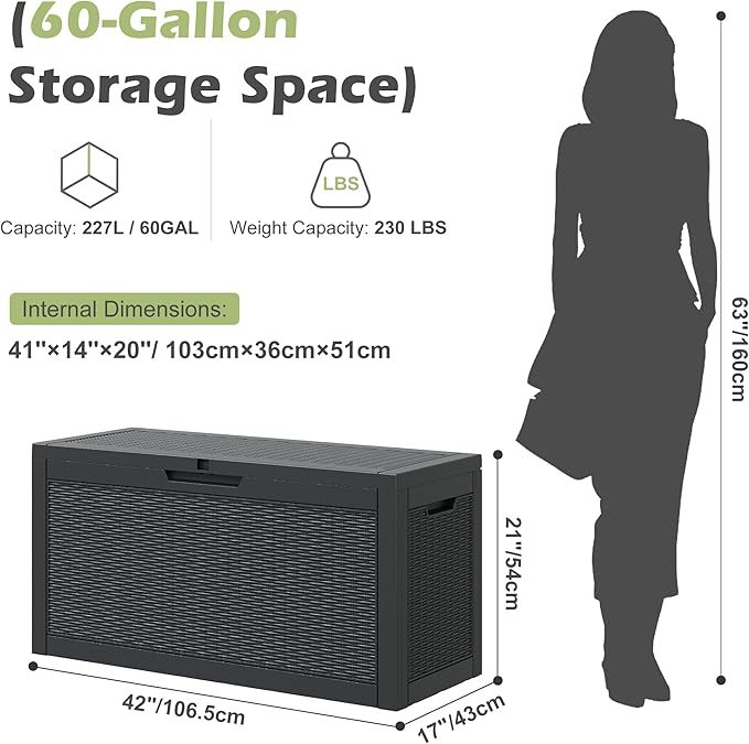 60 Gallon Outdoor Storage Deck Box Waterproof,Large Resin Storage Container for Outside,Patio Accessories for Outsid,Backyard Delivery Boxes,Lockable Lid,Rattan Gray