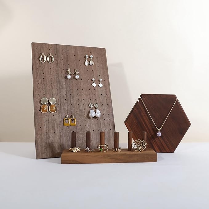 GemeShou Walnut earring display stand for selling, jewelry studs storage organizer for show, earring holder board with 204 holes【Earring board】
