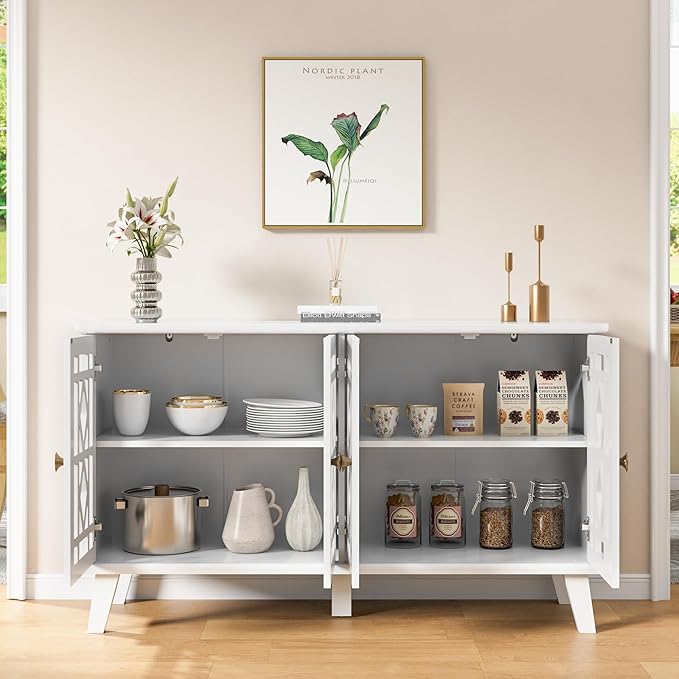 Scurrty 52" Buffet Cabinet with Storage,Sideboard with 4 Doors, Skeletonized Coffee Bar with Storage, Sideboard Cabinet for Dinning Room, Kitchen & Living Room (White)