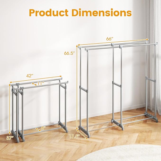 COSTWAY Double Rod Clothing Rack, Heavy-Duty Metal Garment Rack with Extendable Height & Width, Adjustable Rolling Closet Rack for Hanging Clothes with Wheels for Dressing Room, Laundry, Living Room