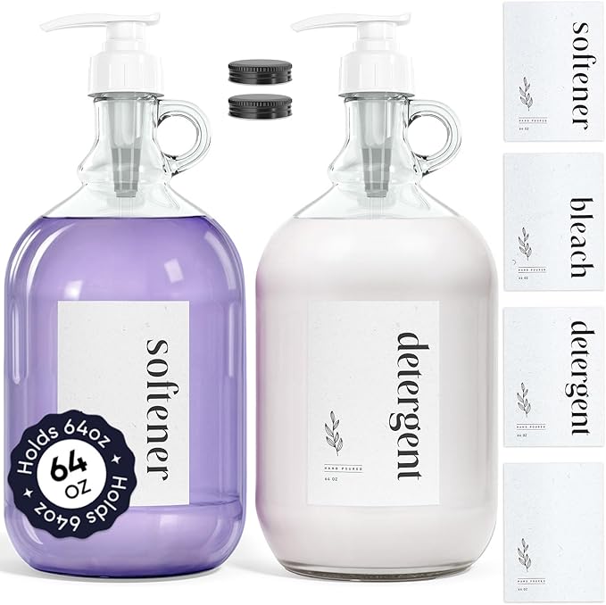 Glass Laundry Detergent Dispenser - 2 Pack, 64oz, Glass Jar with Pump and Lid for Fabric Softener, Liquid Soap, Shampoo & Syrup, Leakproof Half Gallon Jug for Laundry Room Organization