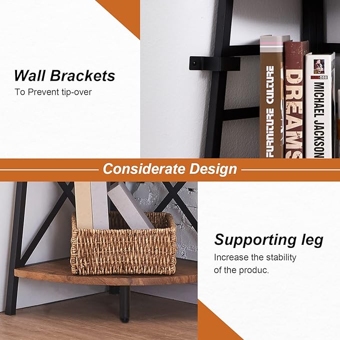 HOMBAZAAR 72 Inch Tall Corner Shelf, 5 Tier Corner Ladder Bookshelf, Tall Corner Bookcase with Metal Frame, Rustic Shelf Stand for Living Room, Bedroom, Office, Rustic Brown