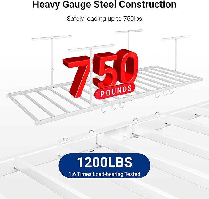 FLEXIMOUNTS 4x8 Overhead Garage Storage Rack with 6 Hooks, Adjustable Storage Organization System, Heavy-Duty Metal Ceiling Racks, 22.6" -39.4" Ceiling Dropdown, Lite Series